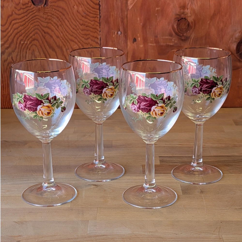 Royal Albert Country Rose Wine Glasses Gold Rimmed Stemware Set of 4 Clear Red